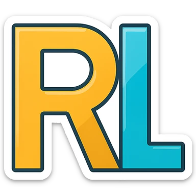 contemporary 'RL' logo using bold minimal sans-serif typeface, clean balanced lines, hint of metallic or gradient sheen, simple transparent background, designed to evoke strength innovation for technology company sticker