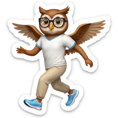 friendly anthropomorphised owl with visible wings, in pants and a shirt, wearing glasses, jogging upright, relaxed pose sticker