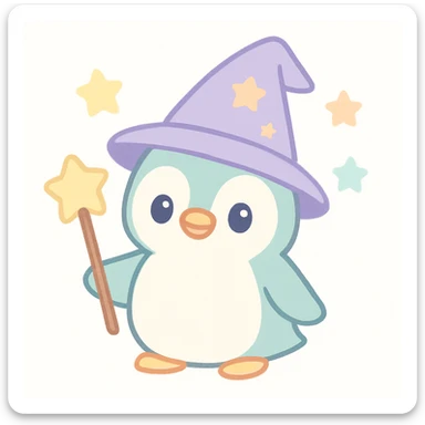 a penguin dressed as a wizard, with a pointed hat and a magic staff, in a fun and whimsical style sticker