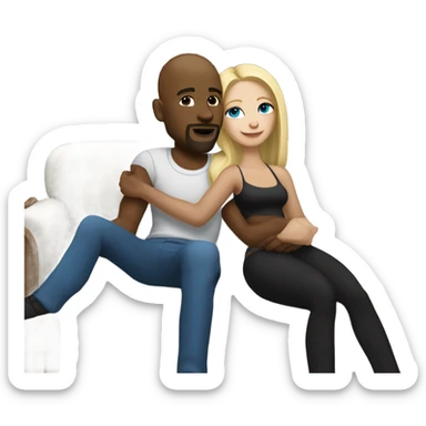 Blonde woman with blue eyes and long straight hair and black man who is bald with a goatee seated together on a sofa enjoying a passionate embrace.   sticker