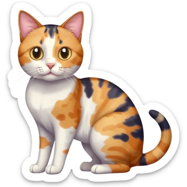 full body anxious looking colourful patchy calico tabby cat with tiny head to large body with fully white front legs sticker