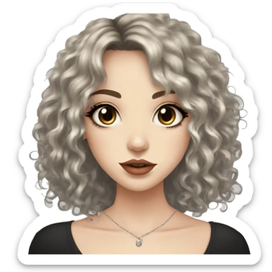 girl pretty, pale skin and medium length curly black hair with hair layers, bangs, big hazel eyes, big lips, small nose, nose nostril piercing, three ear piercings sticker