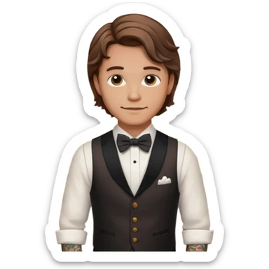 a bartender man with bow tie and vest, having brown wavy hair and tattoo 















 sticker