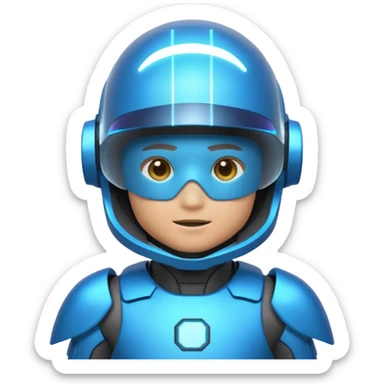 “Futuristic Roblox boy emoji, 2050 style. Blue neon visor, cyber helmet, metallic skin glow, hologram lines, tech-suit with glowing seams, soft neon background.” sticker