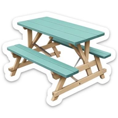 simple rectangular picnic table with attached benches, soft teal color, straight vertical legs, small wheels underneath, flat wood-style silhouette, muted teal tone, clean geometry, minimal shading, slightly theatrical sticker