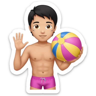 Hawaiian male with black hair with pink highlights and a swim short, with beach ball sticker