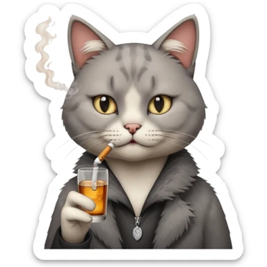 hazme a un gato fumando cigarro mientras toma alcohol y está depre sticker