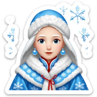 Legendary fantasy human Christmas portrait icon, Grandfather Frost and Snow Maiden style, traditional winter robe with fur, magical snow patterns, kind powerful expression, icy blue and white colors with red accents, classic Slavic winter fairy tale mood, clean readable emoji style, male/female sticker