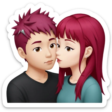 Asian Spiky short red hair  guy kissing white girl with long burgundy hair and bangs  sticker