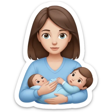 brunette girl with brown hair wearing pastel blue clothes holding a baby sticker