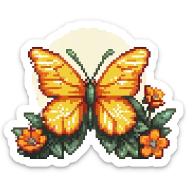 Blue smiling butterfly in springtime with pixel flowers and sunshine sticker
