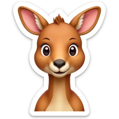 Cinematic Cute Adult Red Kangaroo Portrait Emoji, Head tilted playfully and inquisitively, showcasing a charming, robust build with soft reddish fur and a uniquely camel-like head featuring a gentle, elongated snout and rounded ears, with large, sparkling eyes full of wonder, Simplified yet irresistibly adorable features, highly detailed, glowing with a warm, friendly glow, high shine, affectionate and lively, stylized with a touch of outback whimsy, soft glowing outline, capturing the essence of a mischievous yet loving kangaroo that seems as if it could hop out of the screen into your arms! sticker