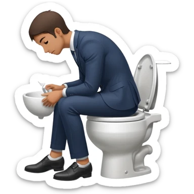 Man siting in a toilet bowl head down hands on the knee the side side view and dress sticker