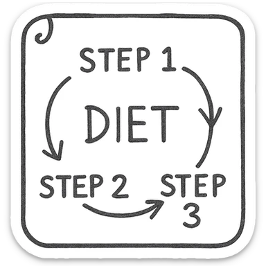 step 1, step 2 and step 3 of a diet connected with arrows, pen drawing style schematic on a white paper sheet hyperrealistic, isolated on white background sticker