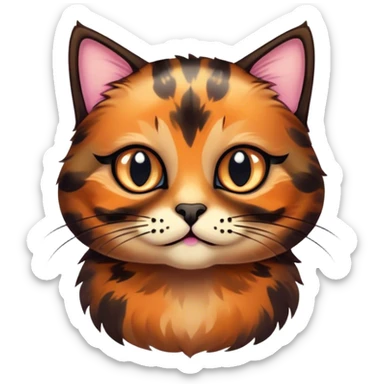 Cinematic Cute Tortoiseshell Cat Portrait Emoji, Head cocked sweetly with bright, curious eyes and a cuddly, mottled fur of rich browns and blacks, simplified yet charmingly adorable, highly detailed, glowing with a warm, gentle radiance, high shine, playful and endearing, styled with a dash of whimsical feline magic, soft glowing outline, capturing the essence of a cute tortoiseshell cat that seems ready to pounce with affectionate mischief! sticker