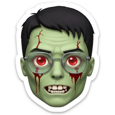 homem zumbi de óculos cabelo preto com muita olheira deixar pele dele verde dentes brancos e olhos vermelhos e ensanguentados deixar óculos quadrado e preto e olhos cheio de veias vermelhas e encher o rosto de piercings colocar piercing em todo rosto piercing prata sticker