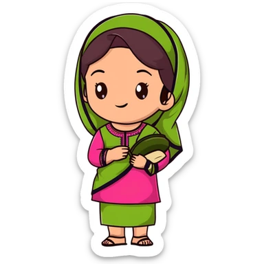 girl with light wheatish skin, dark brown hair, wearing dark pink kurti with sage green dupatta on head sticker