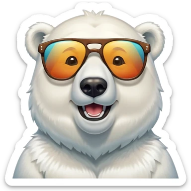 laughing polar bear headshot wearing a t-shirt and large multicolored extravagant glasses sticker