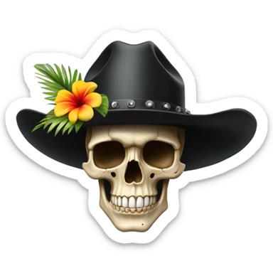 Realistic side view of a skull in a black cowboy hat on decorated with tropical flowers. sticker