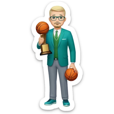 Full Body white male plus size body type  wearing glasses with a goatee with light blonde gray very short hair basketball head Coach in blue and green suit holding trophy sticker