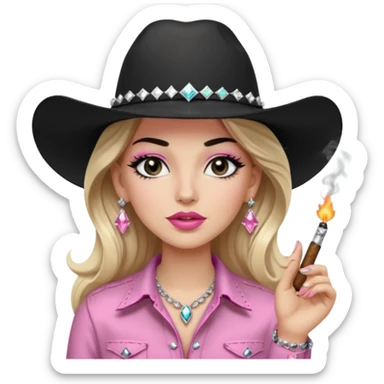 White girl, extra thick and long black eyelashes, black cowboy hate with hat band sparkling, long light brown straight hair, pink and black western shirt, smoking a joint,  big white diamond stud earrings, diva vibes sticker