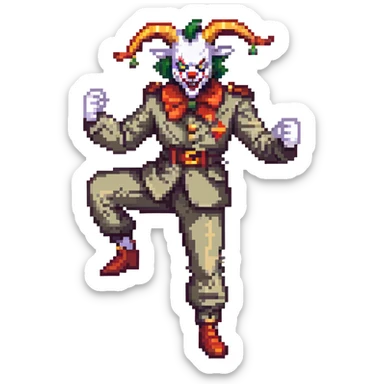 evil clown soldier with billy goat horns, fangs, pointed ears, leisure suit, fighting stance sticker