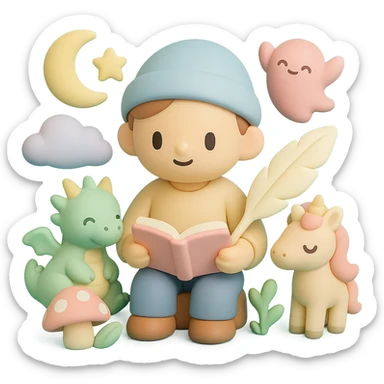 beginner author, surrounded by fantasy creatures and elements, looking imaginative sticker