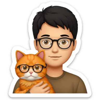 Veterinario hombre trigueño con lentes, con cabello negro y  un gato naranja sticker