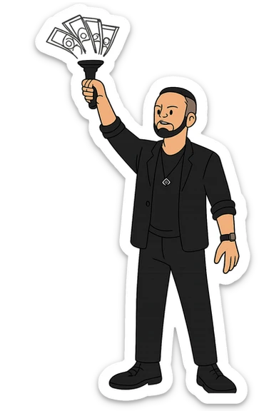 Используя такую стилистику как на картинках сгенерируй героя с фотографии, который в том же костюме стоит в позе Статуи Свободы держит в руках факел, где вместо пламя купюры, прозрачный фон sticker