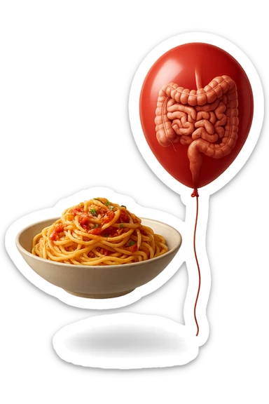 bowl di pasta fluttua in aria insieme ad un palloncino rosso con all'interno un intestino umano anatomico realistico, iperrealistico 4k sticker