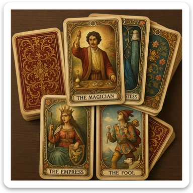 highly detailed tarot deck with decorative card backs, classic Victorian motifs, rich colors, cards stacked and slightly spread sticker