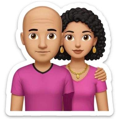 A picture if a couple. the man is a Mexican man with tanned skin, black hair, a bald hair cut, short boxed beard, and with a black t-shirt on. the woman is mixed with black and white, with brown curly long hair, gold earrings, a gold necklace and a pink shirt on and big boobs sticker