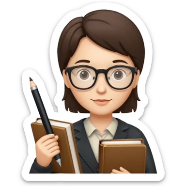 writer holding big pen and book, wearing glasses sticker