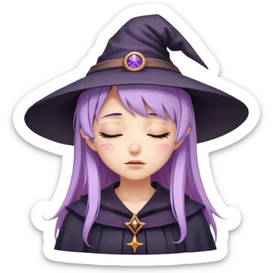 cute anime girl with closed eyes crying with lilac hair in witch hat sticker
