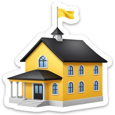 simple magic school, white background, magic school, black roof, with a big flag, big flag on a roof, big yellow flag, white school sticker