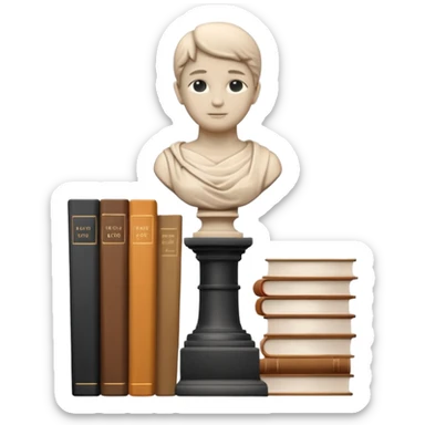 Minimalistic flat vector icon, iOS style, thin black contour on white background. Bust statue on a small pedestal next to a stack of books, symbolizing classic literature. Clean, no text, no shadows sticker