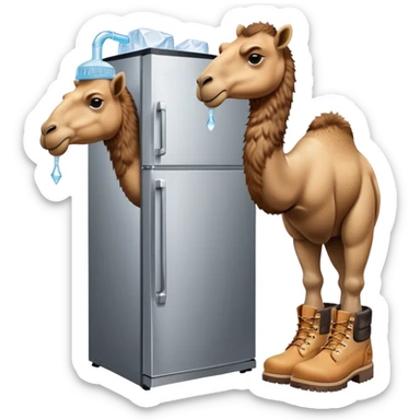 A desert camel head and neck attached to a stainless steel refrigerator body with ice dispenser, wearing classic Timberland-style work boots sticker