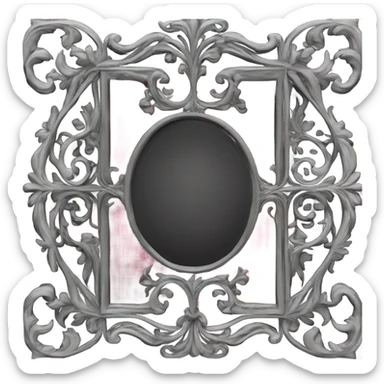 "Design a Victorian Gothic mirror with an ornate black frame featuring scrollwork and filigree. Include accents of dark red and burnt pink. The mirror glass should be gray, creating a mysterious and somber look." sticker