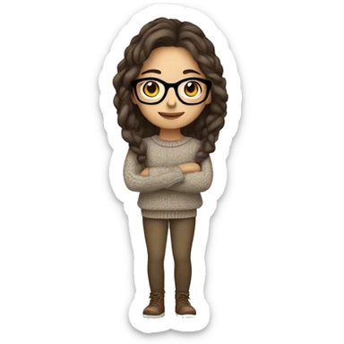 hispanic girl, long brown hair, brown eyes, full body, glasses, young, winter sweater sticker