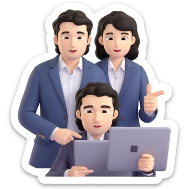 Business strategist with black wavy hair, stubble, chiseled face, wearing blazer and button-up shirt, mentoring a younger professional, leaning forward with engaged expression, pointing at document or laptop, in a one-on-one coaching session sticker