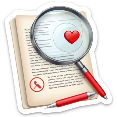 Create an emoji representing editing and proofreading. The design should feature an open document or manuscript with visible text and proofreading marks (such as red underlines or corrections). A red pen or pencil should be placed near the document, symbolizing the act of making edits. Optionally, include a magnifying glass to represent careful review. Use neutral and professional colors like white, black, and red accents to highlight the editing process. Do not include any emojis or smiley faces. Make the background transparent. sticker