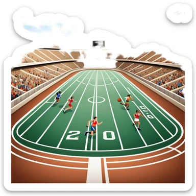 An icon featuring a stadium with cheering fans, a race track in the background, and athletes in motion. The scene includes a football, basketball, and running lanes, symbolizing the energy and excitement of live sports events. transparent background, it captures the thrill of competition. sticker