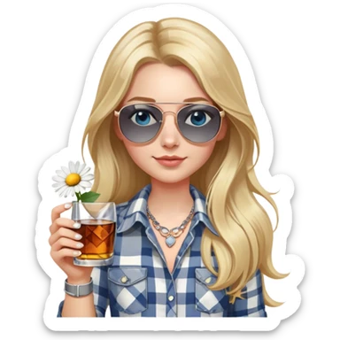 girl with long blond hair with a daisy in her hair, wearing grey/white plaid shirt, with blue eyes and aviator sunglasses, wearing a ring on her silver necklace around her neck, holding a glass of whiskey, wearing rose gold apple watch,  sticker