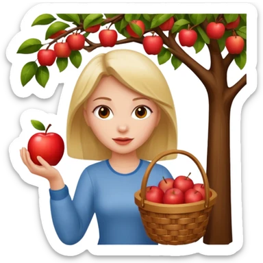 Attractive Girl picking an apple off a tree with a basket of apples sticker