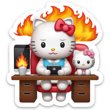 Apple-style emoji illustration of hello kitty character calmly sitting at an office desk, looking at a smartphone and looking relaxed, while the office behind her is subtly on fire. sticker