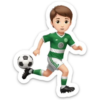 Celtic footballer jersey logo  6 years old brown hair white boy , brown eyes , stripes uniform , RUNNING  with soccer ball is number  17 celtic football logo  ONE CELTIC LOGO ONLY white shorts sticker