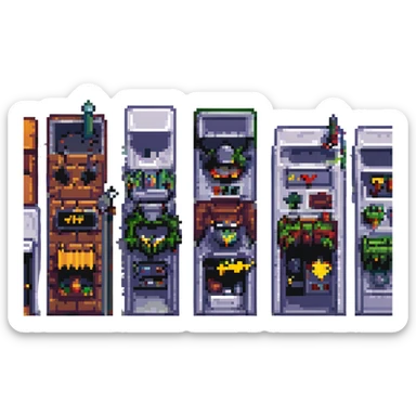 Wide pixel art background of a dark Gotham City street. Empty road with sidewalk, flickering lamppost casting light, trash bins nearby, distant shadowy silhouettes. Tall buildings in the background, moody atmosphere, subtle rain or fog. sticker