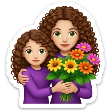 light skinned brunette long curly haired woman with green/hazel eyes holding big bright bunch of flowers with one hand and daughter's hand (also with long brown curly hair) in other. White background. sticker