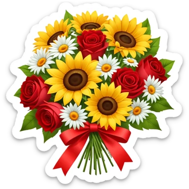 Sunflowers and daisy bouquet with red roses, soft, tied with red ribbon sticker