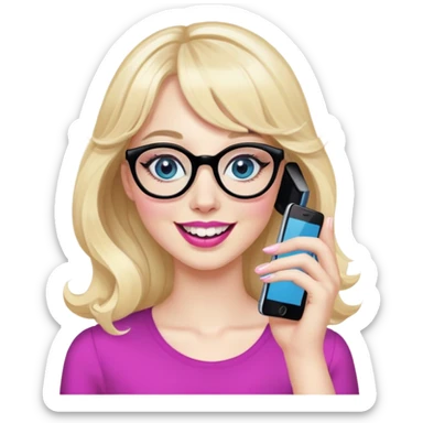 Pin up Woman with pale skin, wider face, blue eyes with eyeliner, thin eyebrows, long black eyelashes, pink lipstick, blonde wavy hair with bangs, wearing black glasses. Laughing on a mobile phone and waving  sticker